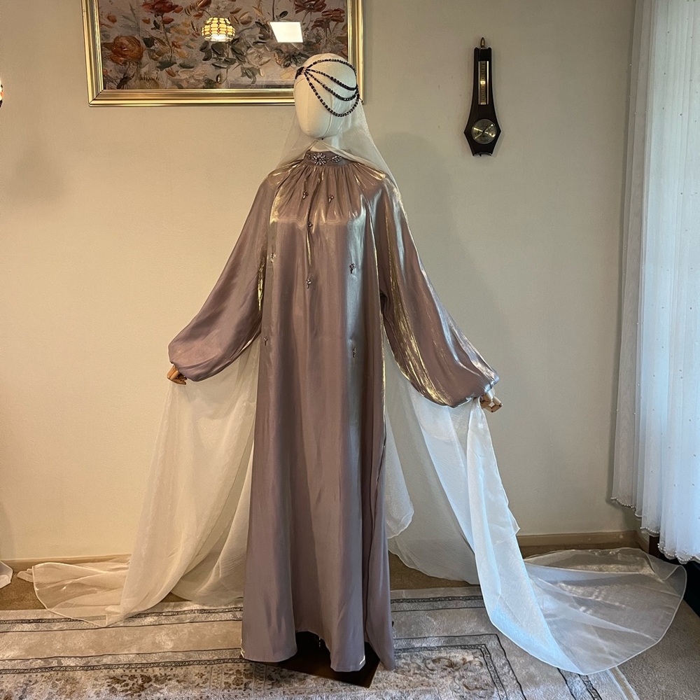 Shimmery Lilac Modest Gown with Sheer Cape